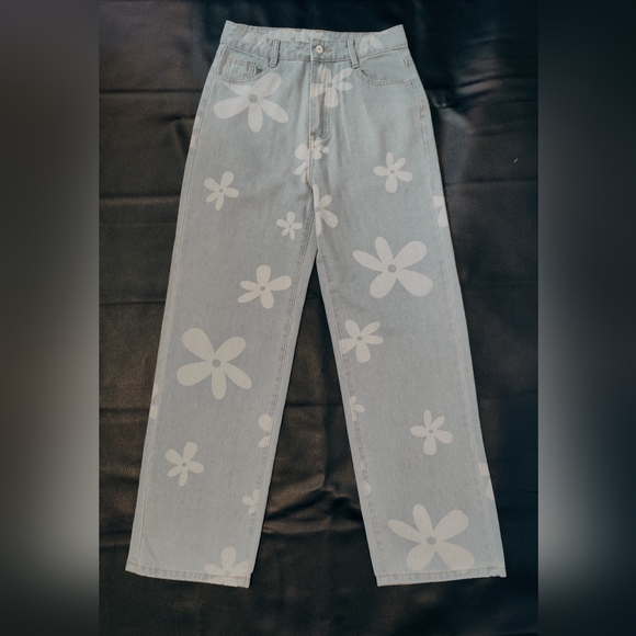NWOT Floral Print Straight Leg Jeans High Waist Zipper Fly CasualDenim Long Pant - Picture 8 of 10